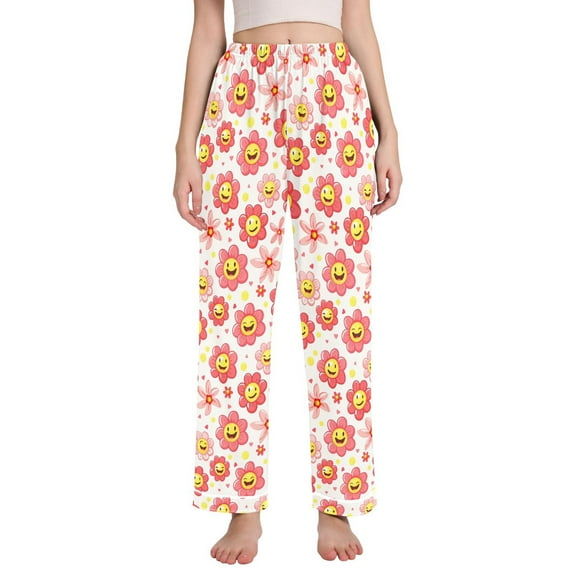 Dailycode Women's Pajama Pants Wide Leg Lounge Pj Bottoms With Pockets Happy Face Flowers