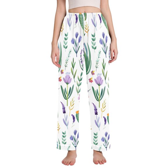 Dailycode Women's Pajama Pants Wide Leg Lounge Pj Bottoms With Pockets Lavender Leaves Cactus