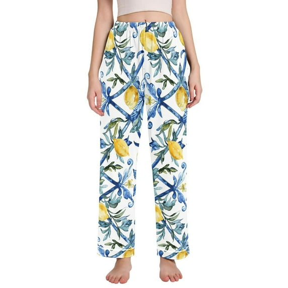 Dailycode Women's Pajama Pants Wide Leg Lounge Pj Bottoms With Pockets Lemon and Plant