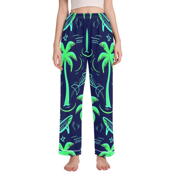 Dailycode Women's Pajama Pants Wide Leg Lounge Pj Bottoms With Pockets Neon Green Shark and Palm Trees