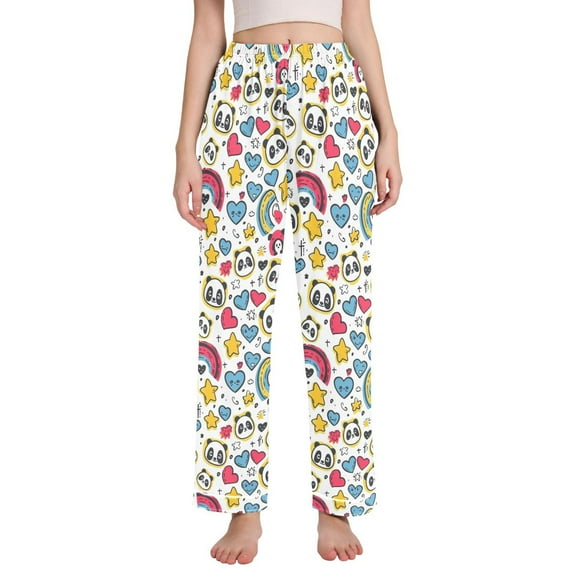 Dailycode Women's Pajama Pants Wide Leg Lounge Pj Bottoms With Pockets Panda Faces Heart Star