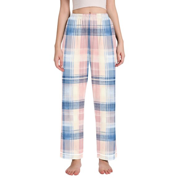 Dailycode Women's Pajama Pants Wide Leg Lounge Pj Bottoms With Pockets Pastel Pink and Blue Plaid