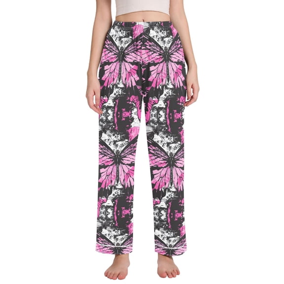 Dailycode Women's Pajama Pants Wide Leg Lounge Pj Bottoms With Pockets Pink Butterfly