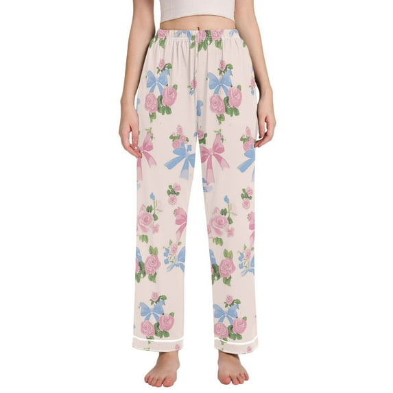 Dailycode Women's Pajama Pants Wide Leg Lounge Pj Bottoms With Pockets Pink Rose and Bow