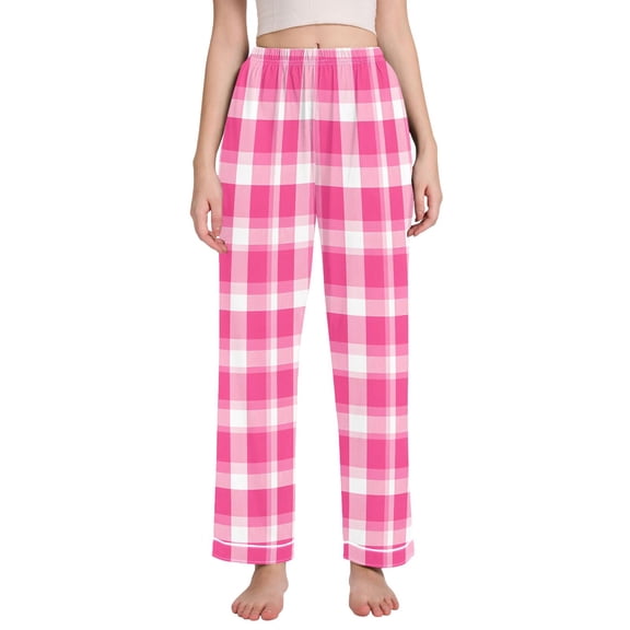 Dailycode Women's Pajama Pants Wide Leg Lounge Pj Bottoms With Pockets Pink White Plaid