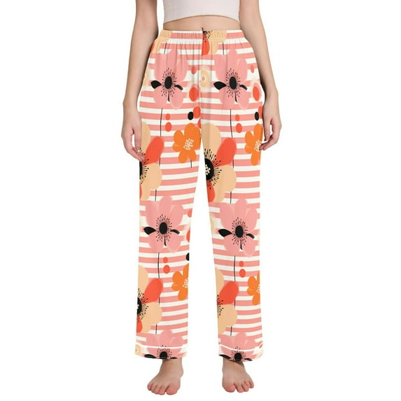 Dailycode Women's Pajama Pants Wide Leg Lounge Pj Bottoms With Pockets Poppy Flowers and Stripes
