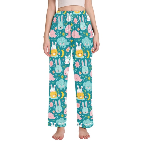 Dailycode Women's Pajama Pants Wide Leg Lounge Pj Bottoms With Pockets Rabbit Whale Elephant Moon Flower