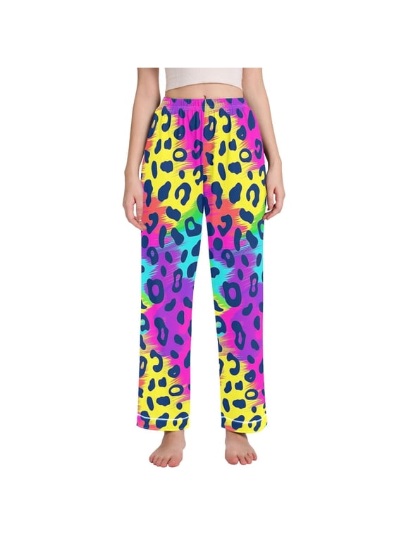 Women's Pajama Pants Wide Leg Lounge Pj Bottoms With Pockets Rainbow Color Leopard