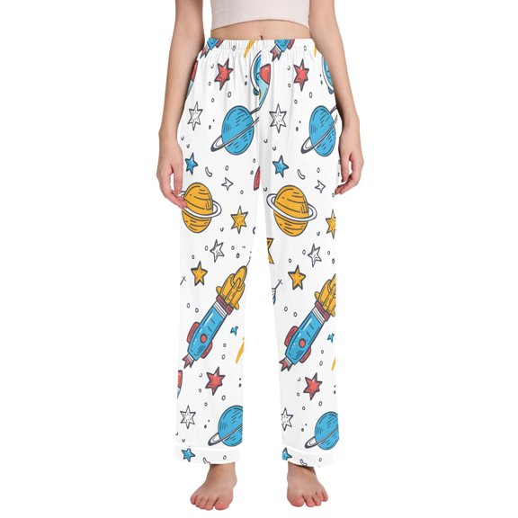 Dailycode Women's Pajama Pants Wide Leg Lounge Pj Bottoms With Pockets Rocket Planet Star