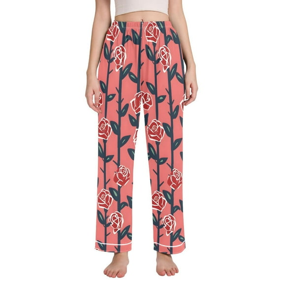 Dailycode Women's Pajama Pants Wide Leg Lounge Pj Bottoms With Pockets Rose on Stems