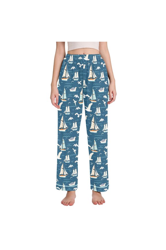 Women's Pajama Pants Wide Leg Lounge Pj Bottoms With Pockets Ship on Sea and Seagull