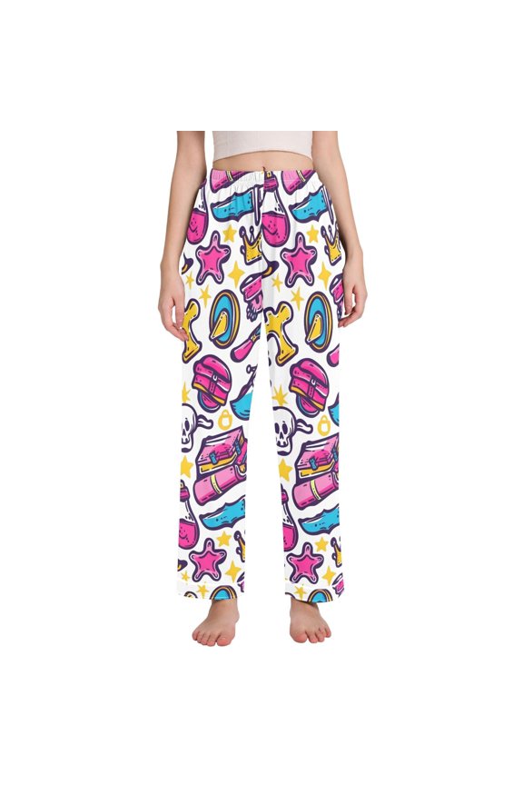 Women's Pajama Pants Wide Leg Lounge Pj Bottoms With Pockets Skull Star Knife Hat