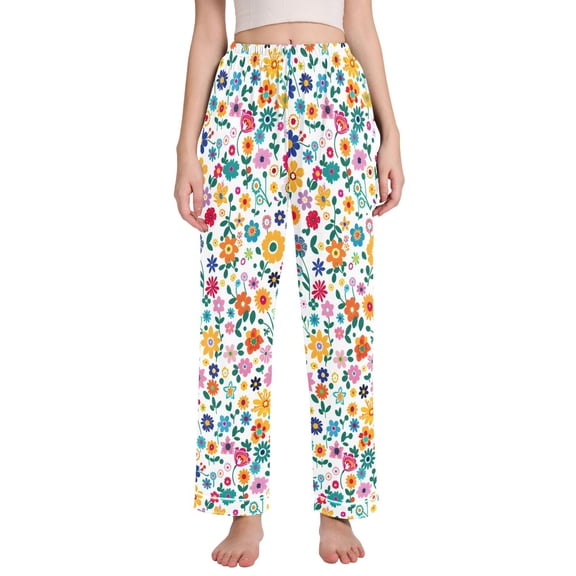 Dailycode Women's Pajama Pants Wide Leg Lounge Pj Bottoms With Pockets Small Colorful Flowers