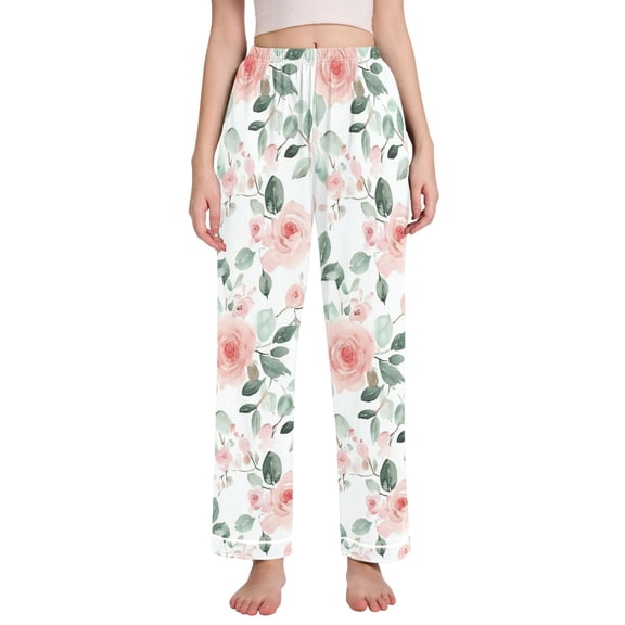 Dailycode Women's Pajama Pants Wide Leg Lounge Pj Bottoms With Pockets Soft Pink Watercolor Floral
