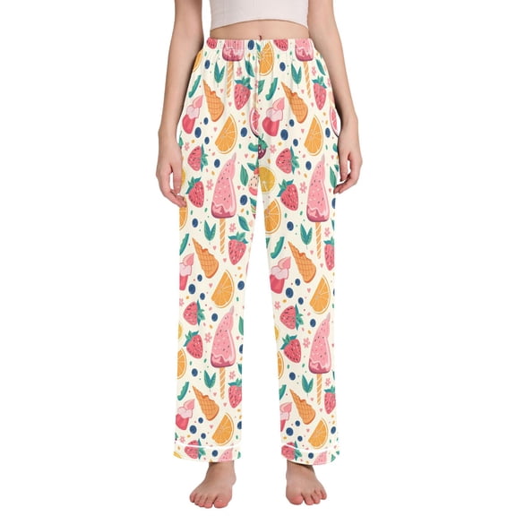Dailycode Women's Pajama Pants Wide Leg Lounge Pj Bottoms With Pockets Strawberry Orange Blueberry Leaf