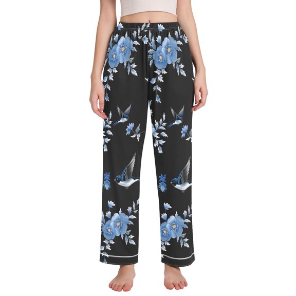Dailycode Women's Pajama Pants Wide Leg Lounge Pj Bottoms With Pockets Swallows Birds and Flowers