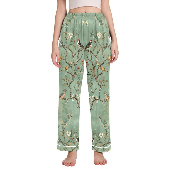 Dailycode Women's Pajama Pants Wide Leg Lounge Pj Bottoms With Pockets Vintage Chinese Bird and Flower