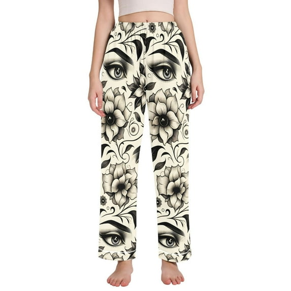 Dailycode Women's Pajama Pants Wide Leg Lounge Pj Bottoms With Pockets Vintage Eyes and Flower