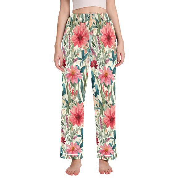Dailycode Women's Pajama Pants Wide Leg Lounge Pj Bottoms With Pockets Watercolor Blooming Wildflowers