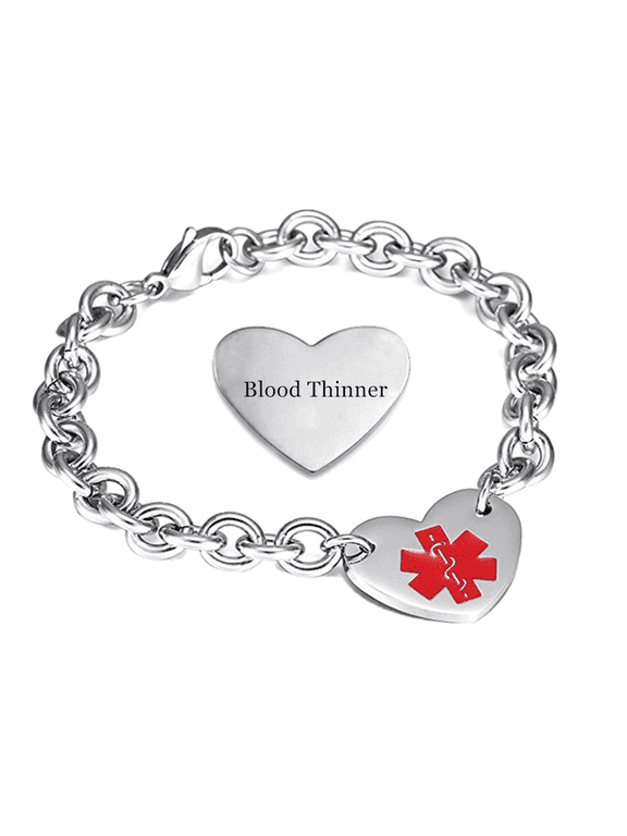 Customized Medical Alert Heart Bracelet for Women in Stainless steel, 8.46 inch