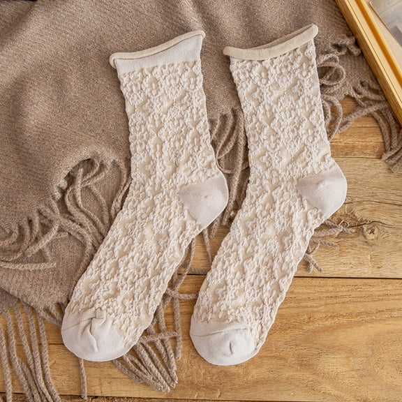 Dailypoc Ankle Socks for Women Crew Socks for Women Women Vintage Striped Wool Socks, Fall Winter Warm Hiking Crew Knit Soft Socks 1 Pair,Beige,One Size