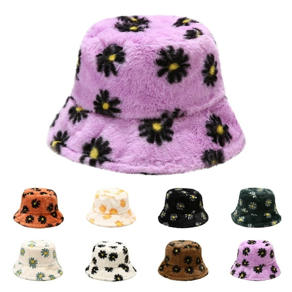 Dailypoc Autumn Winter Printed Bucket Hat - Plush Lined Warm Imitation Fisherman Cap, Leisure Travel , Cozy & Stylish for Cold Days,Purple,One Size