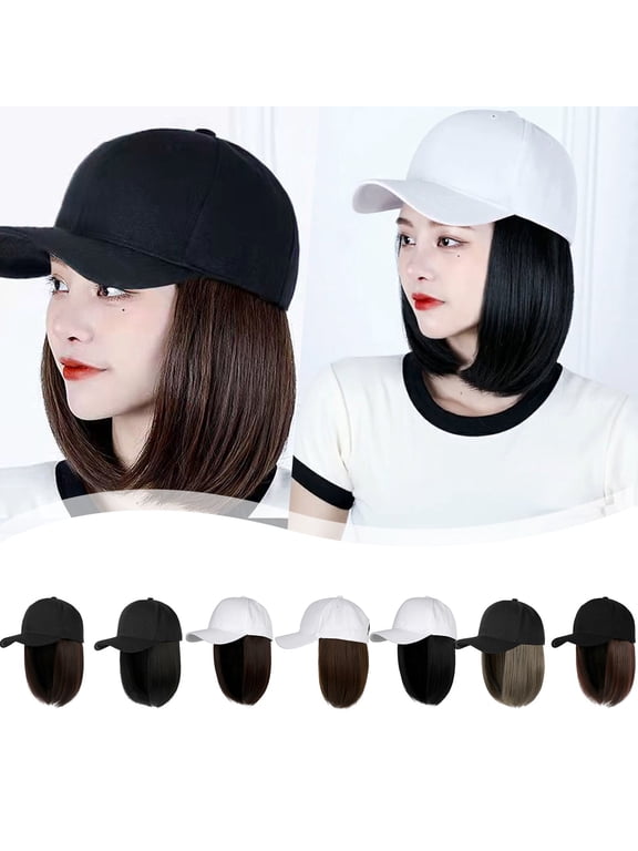 Baseball Cap with Hair Extensions - Straight Short Bob Hairstyle, Adjustable Removable Wig Hat for Women Girls, Fashion Accessory for Daily & Parties,C,One Size
