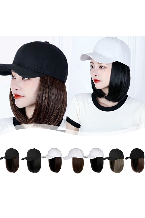 Baseball Cap with Hair Extensions - Straight Short Bob Hairstyle, Adjustable Removable Wig Hat for Women Girls, Fashion Accessory for Daily & Parties,C,One Size