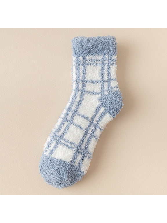 Crew Socks for Women Womens Slipper Socks Fuzzy Fluffy Cabin Cozy Winter Thick Warm Comfy Fleece Soft Grips Socks,Blue,One Size