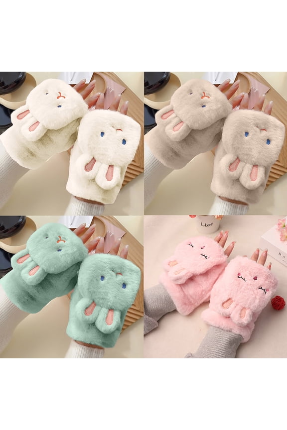 Kids Animal Mittens, Plush Faux Fur Flip Top Gloves with Rabbit Ears, Winter Warm White Universal Fit