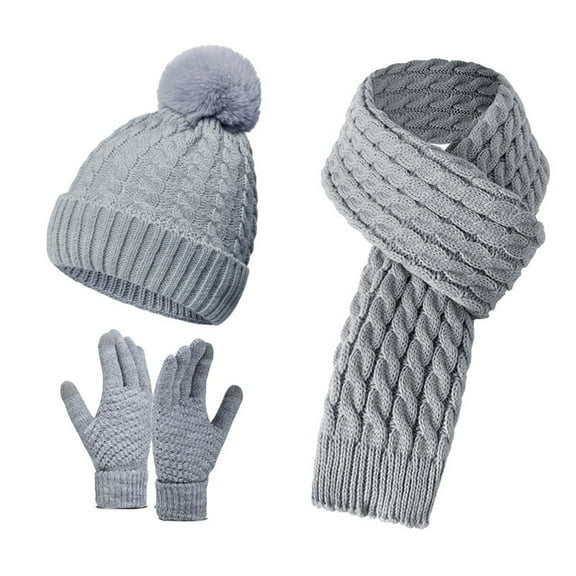 Dailypoc Trending Scarf Gloves Hat Set for Teen Girls, Women and Men, Autumn Winter Warm Wool Three-Piece Accessory for Cold Days,Grey,One Size