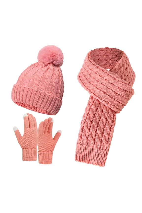 Trending Scarf Gloves Hat Set for Teen Girls, Women and Men, Autumn Winter Warm Wool Three-Piece Accessory for Cold Days,Pink,One Size