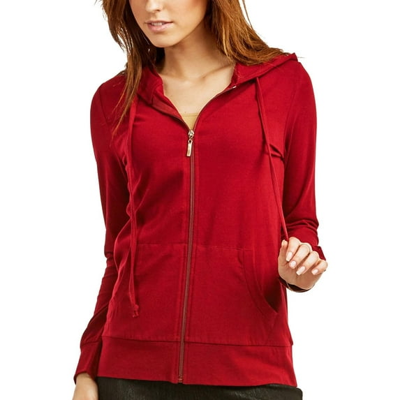 Dailywear Womens Long Sleeve Thin Cotton Full Zip Up Hoodie Jacket Red, XLarge