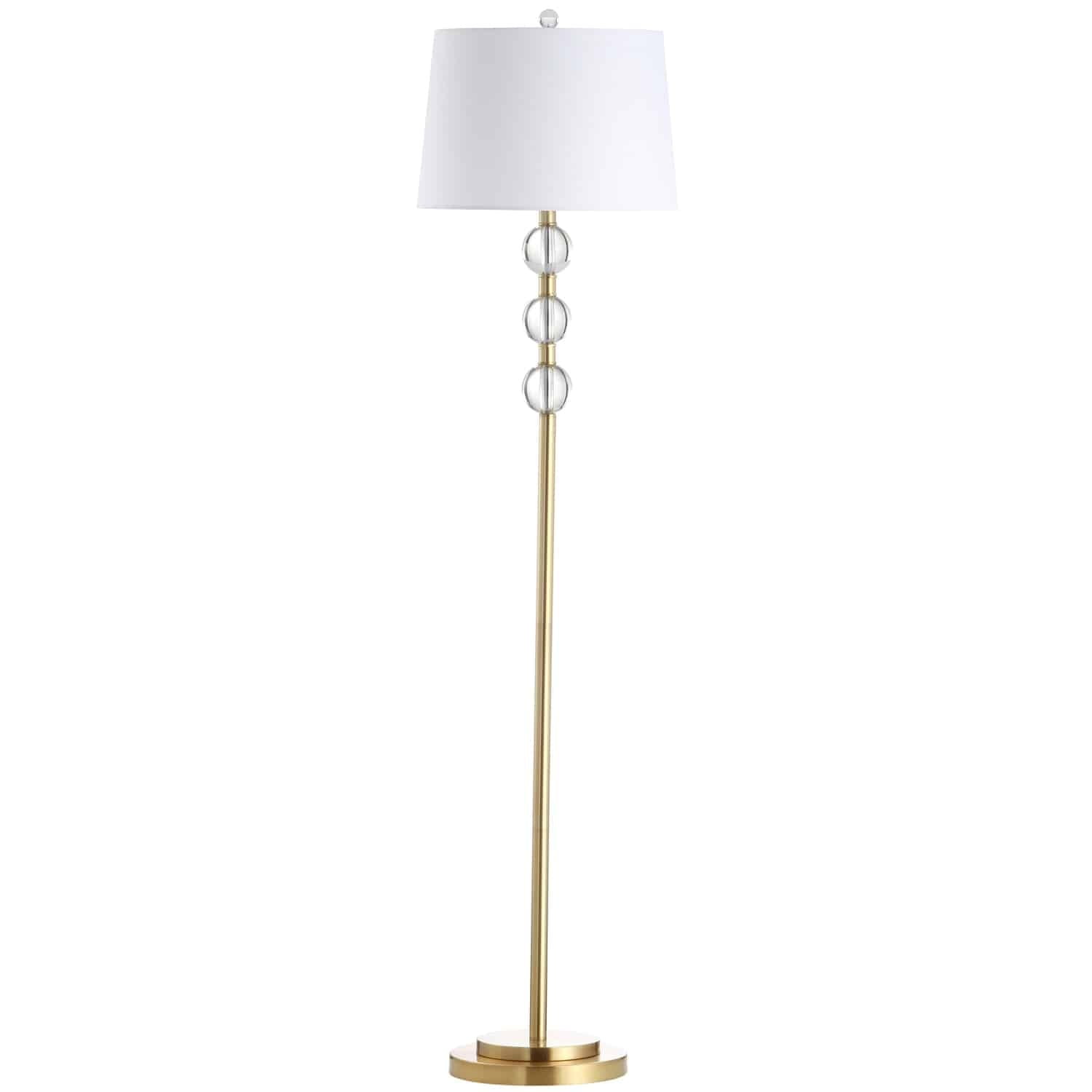 Elegant Aged Brass Floor Lamp with White Fabric Shade and Crystal Orbs
