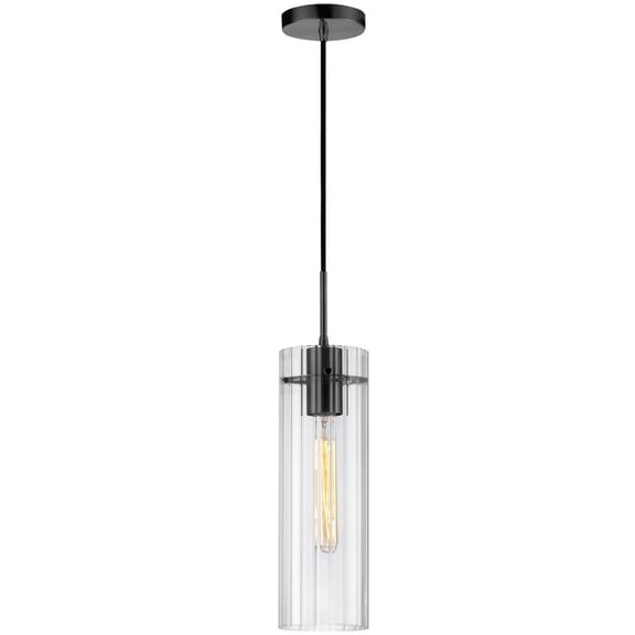 Dainolite 1 Light Incand Pendant, Matte Black w/ Clear Fluted Glass