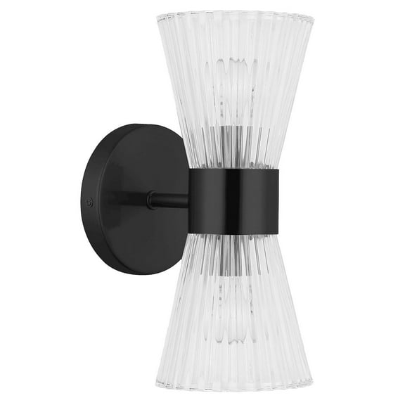 Dainolite 2 Light Incandescent Vanity Matte Black with Clear Ribbed Glass
