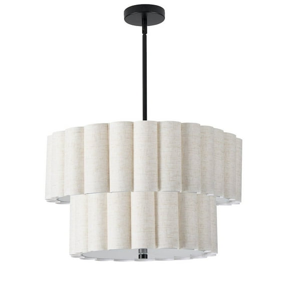 Dainolite 4 Light Matte Black 2 Tier Pendant w/ Flax Scallop Shades