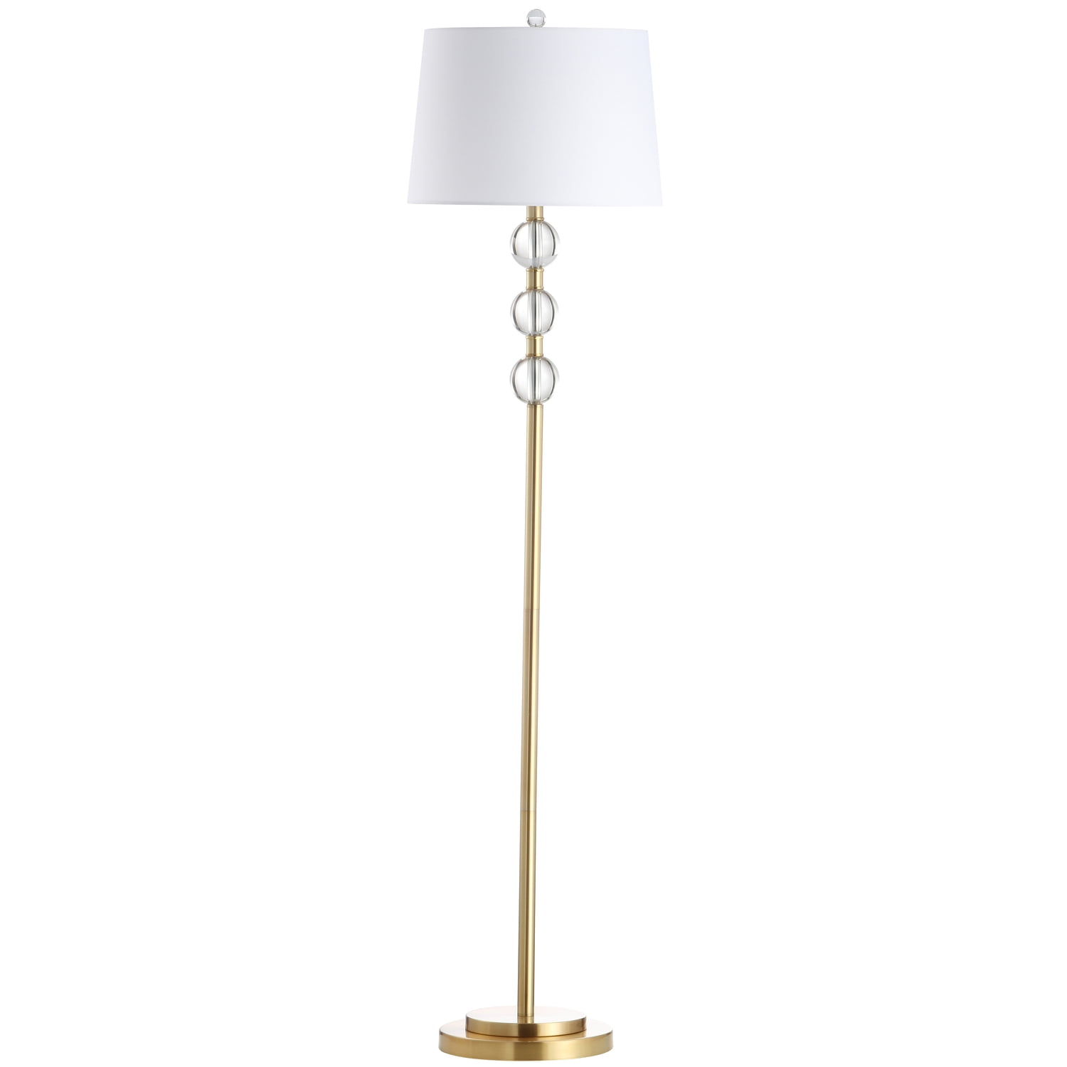 Elegant Aged Brass Floor Lamp with White Fabric Shade and Crystal Orbs