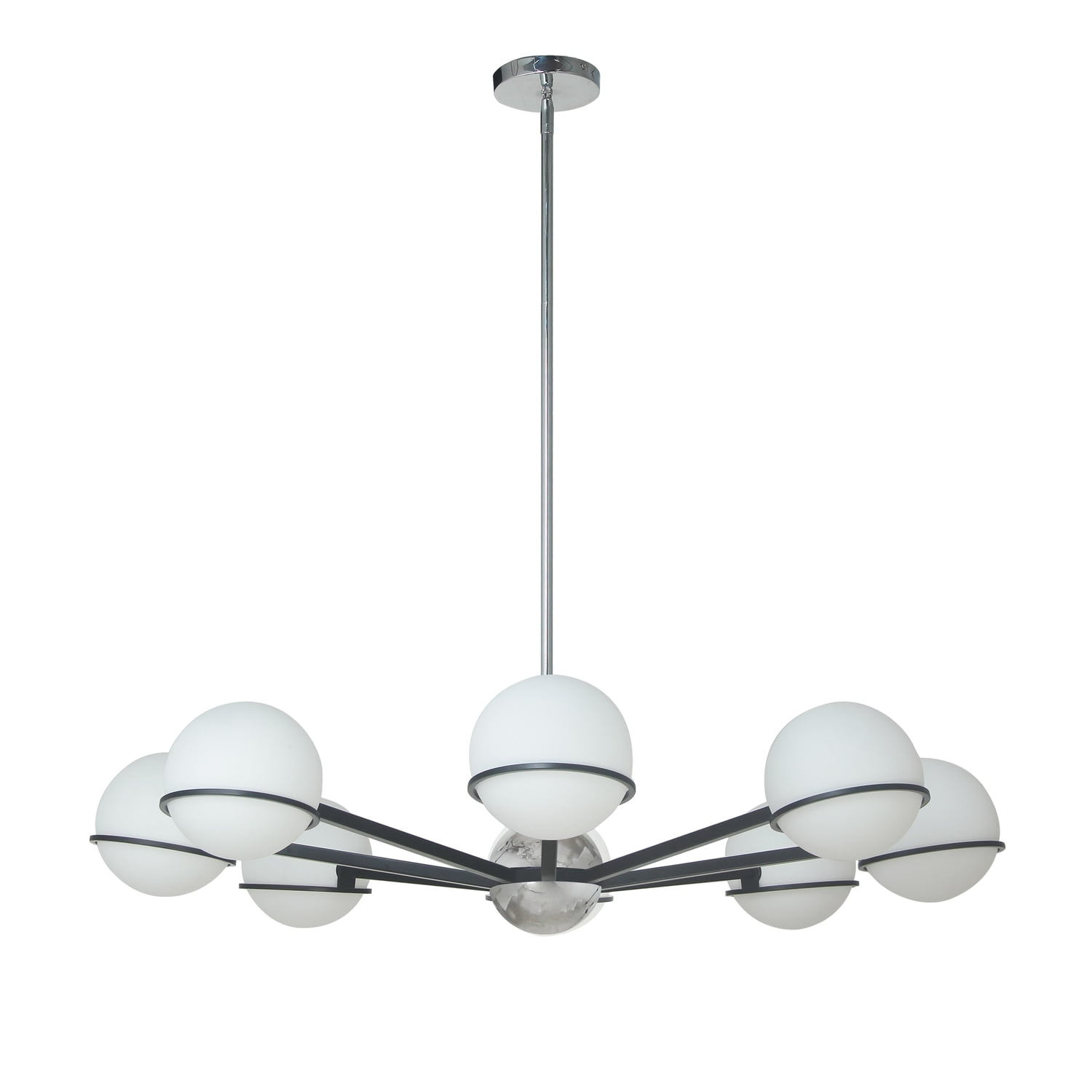 Sofia Modern 38" Chrome & Black Halogen Chandelier with White Globes
