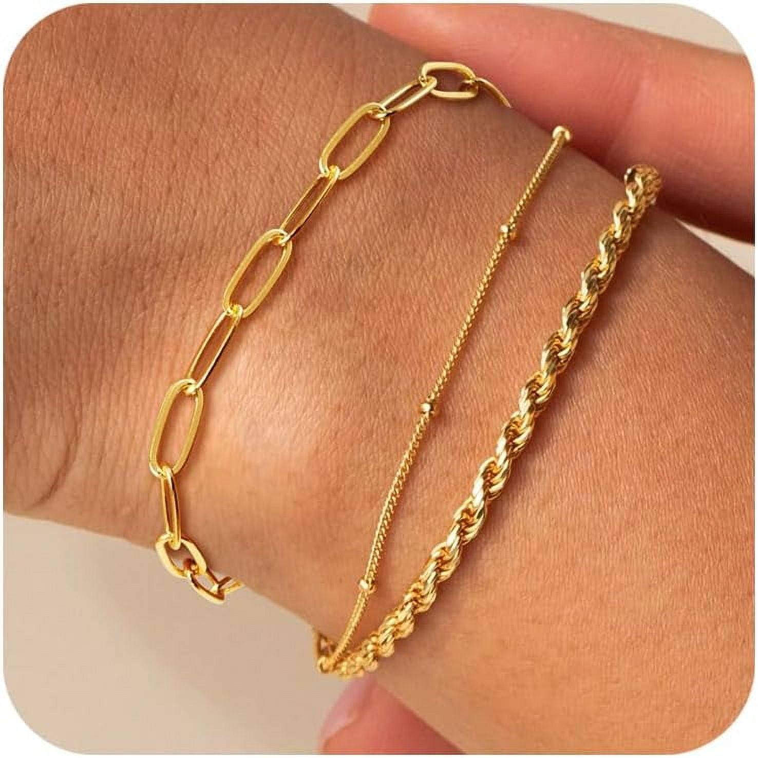 Dainty 14K Gold Bracelet Set for Women Trendy Layered Waterproof Bracelets Jewelry Gift
