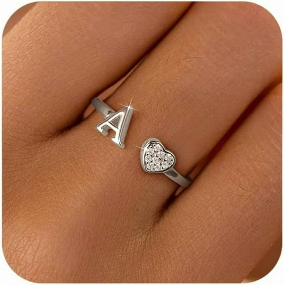 Dainty 14K Gold Plated Heart Initial Rings for Women Mother Daughter Non Tarnish 925 Sterling Silver Adjustable Open CZ Letter A-Z Ring Stackable Pinky Promise Ring Christmas Jewelry Gifts