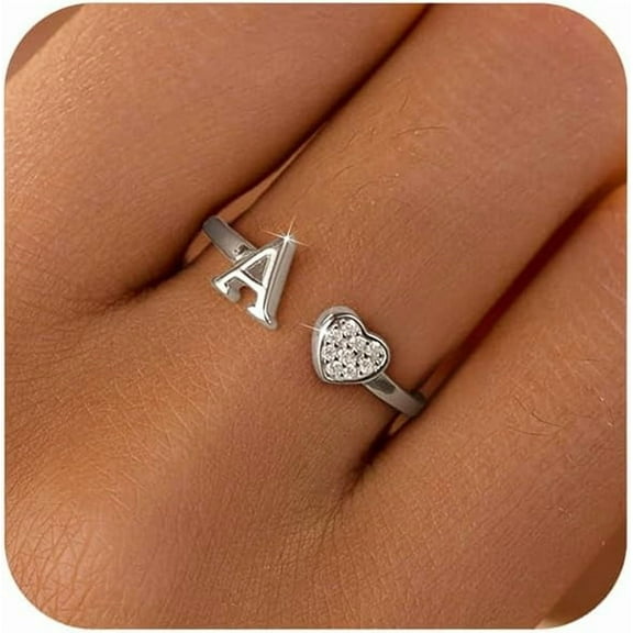 Dainty 14K Gold Plated Heart Initial Rings for Women Mother Daughter Non Tarnish 925 Sterling Silver Adjustable Open CZ Letter A-Z Ring Stackable Pinky Promise Ring Christmas Jewelry Gifts