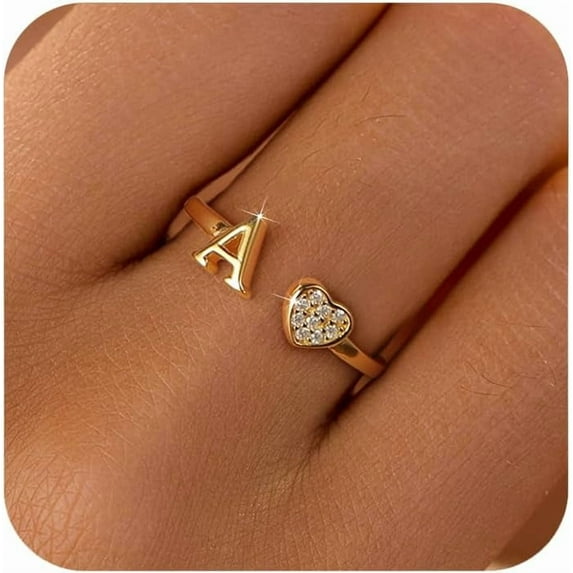 Dainty 14K Gold Plated Heart Initial Rings for Women Mother Daughter Non Tarnish 925 Sterling Silver Adjustable Open CZ Letter A-Z Ring Stackable Pinky Promise Ring Christmas Jewelry Gifts