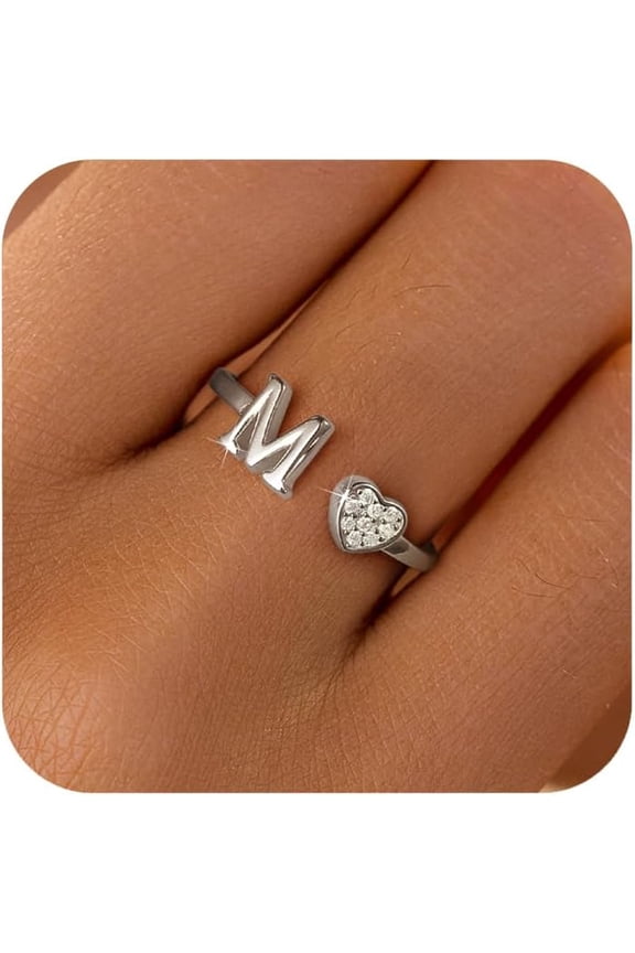 Dainty 14K Gold Plated Heart Initial Rings for Women Mother Daughter Non Tarnish 925 Sterling Silver Adjustable Open CZ Letter A-Z Ring Stackable Pinky Promise Ring Christmas Jewelry Gifts