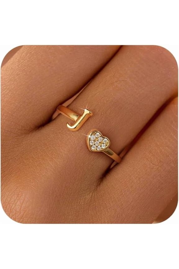Dainty 14K Gold Plated Heart Initial Rings for Women Mother Daughter Non Tarnish 925 Sterling Silver Adjustable Open CZ Letter A-Z Ring Stackable Pinky Promise Ring Christmas Jewelry Gifts