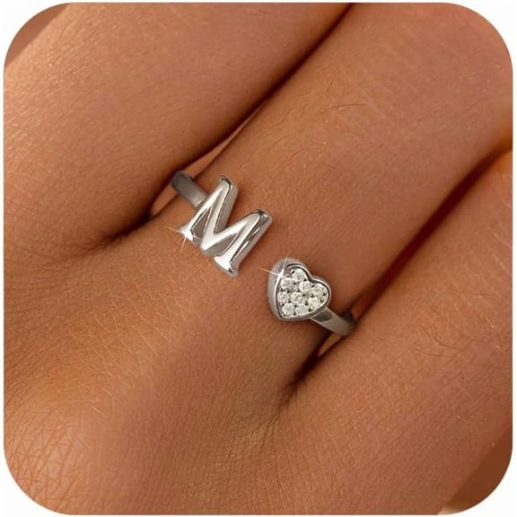 Dainty 14K Gold Plated Heart Initial Rings for Women Mother Daughter Non Tarnish 925 Sterling Silver Adjustable Open CZ Letter A-Z Ring Stackable Pinky Promise Ring Christmas Jewelry Gifts