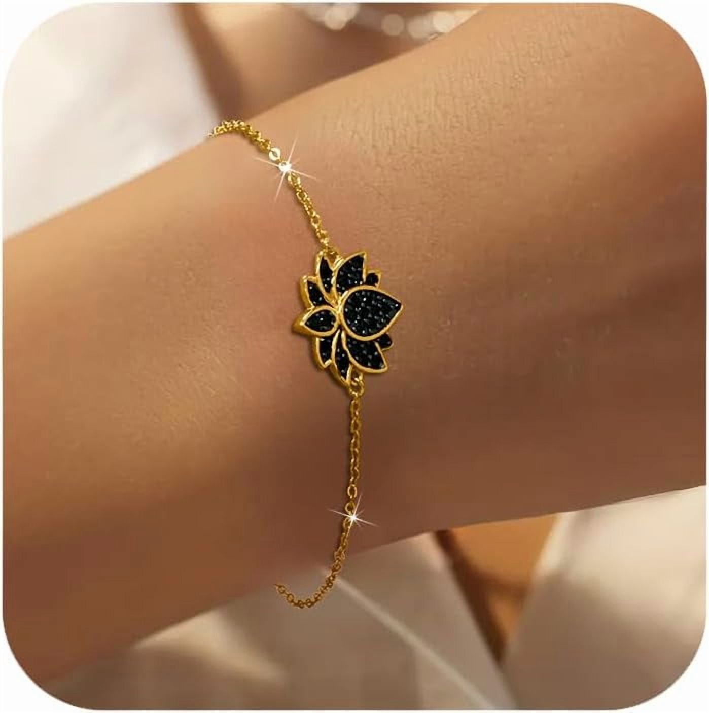 LOVECOM Dainty Lotus Flower Bracelet - 14K Gold Plated Sterling Silver With Black Birthstone, Adjustable Chain