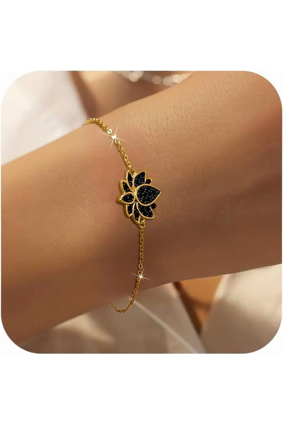 Dainty 14K Gold Plated Lotus Flower Bracelets for Women 925 Sterling Silver Birth Flower Black Birthstone Link Chain Bracelet Inspirational Friendship Yoga Bracelets Jewelry for Mom