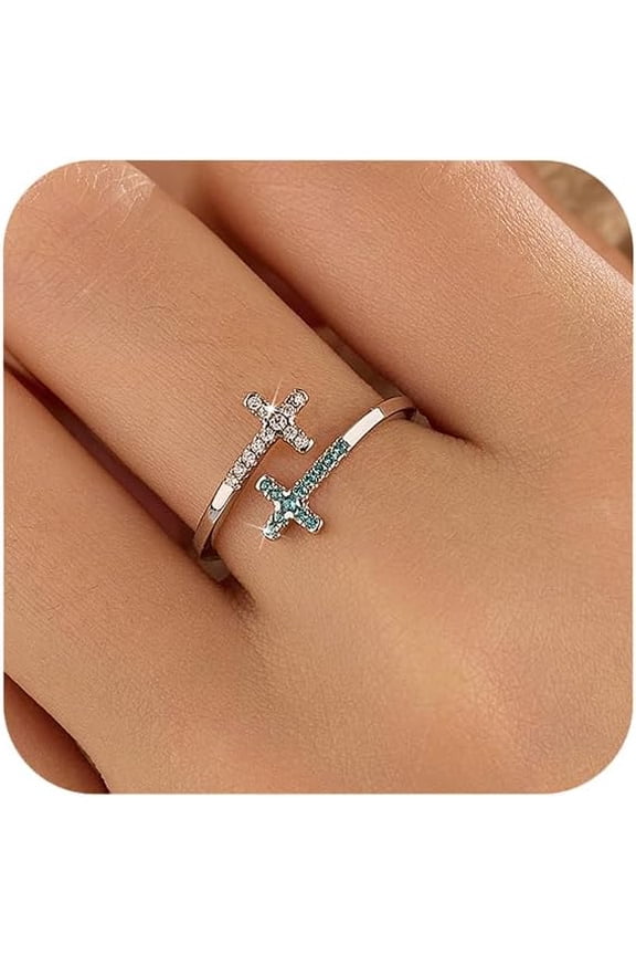 Dainty 14k Gold Plated Cross Rings for Women 925 Sterling Silver Purity Ring with Blue Birthstone CZ Crystal Christian Faith Ring Easter Confirmation Baptism Jewelry Gifts to Daughter