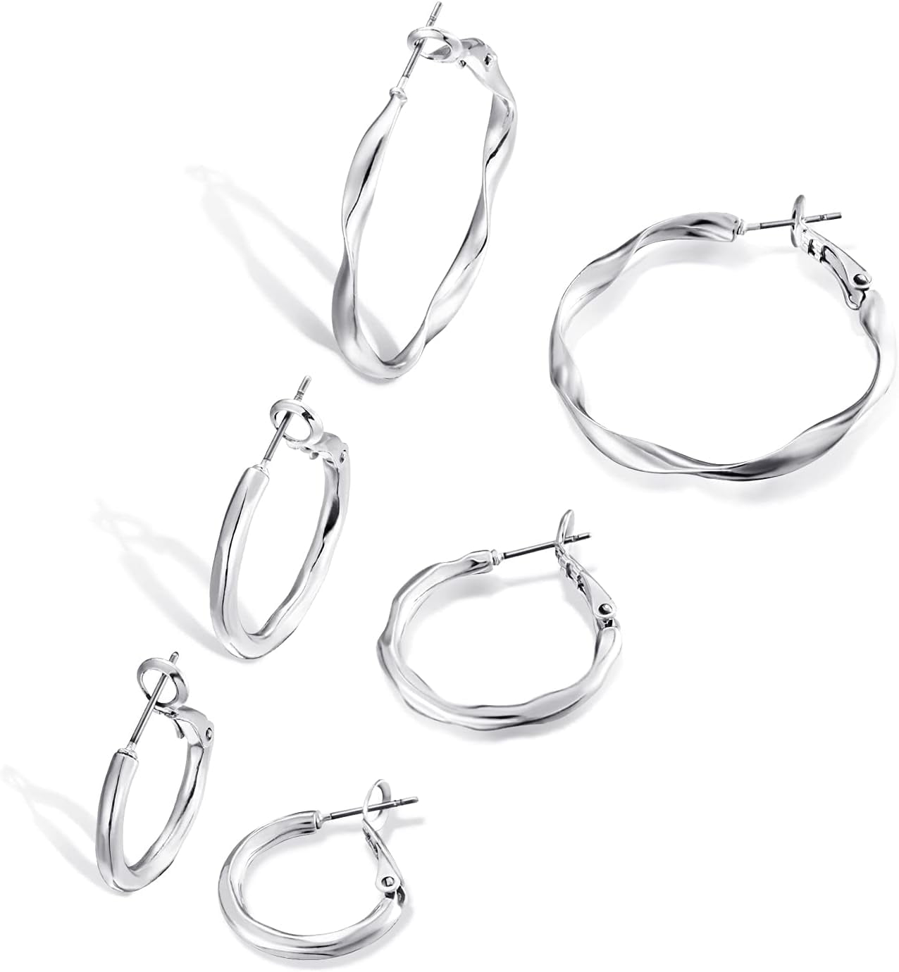 JEWELERY Dainty 14k White Gold Twist Round Earring Set - Hypoallergenic Lightweight Jewelry for Women | Multipack Silver Hoop Earrings for Everyday and Elegant Style | 3 Pairs Assorted Sizes - 20mm, 25mm, 35mm